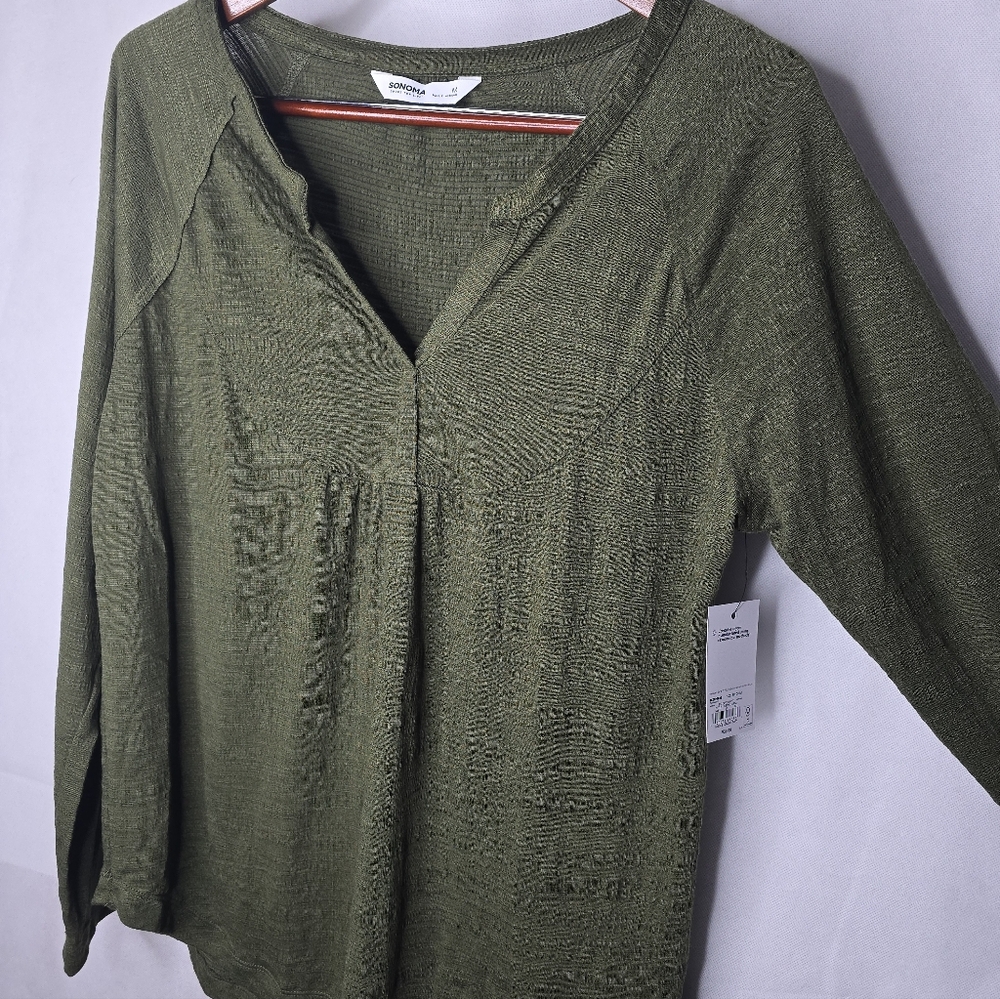 NWT Sonoma Top Earthy Olive Green Long Sleeve V-neck Babydoll Cut Boho Y2K M